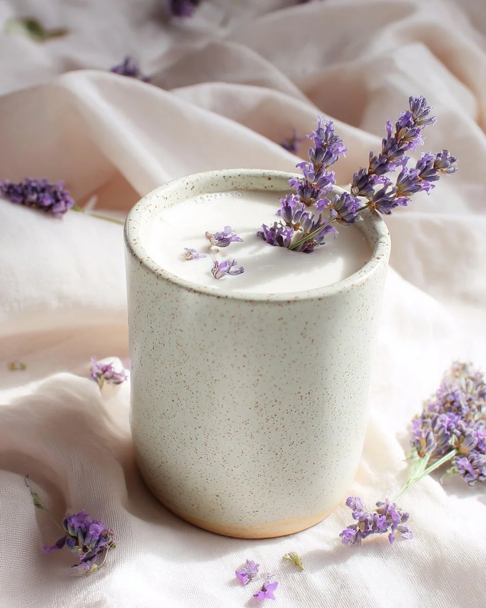 A cup of Lavender Milk Tea with lavender flowers and a calming aesthetic.