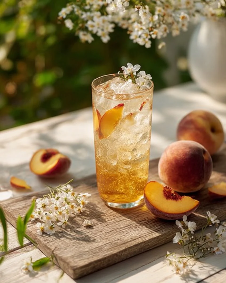 Refreshing Peach Elderflower Spritzer cocktail served in a glass with fruit garnish