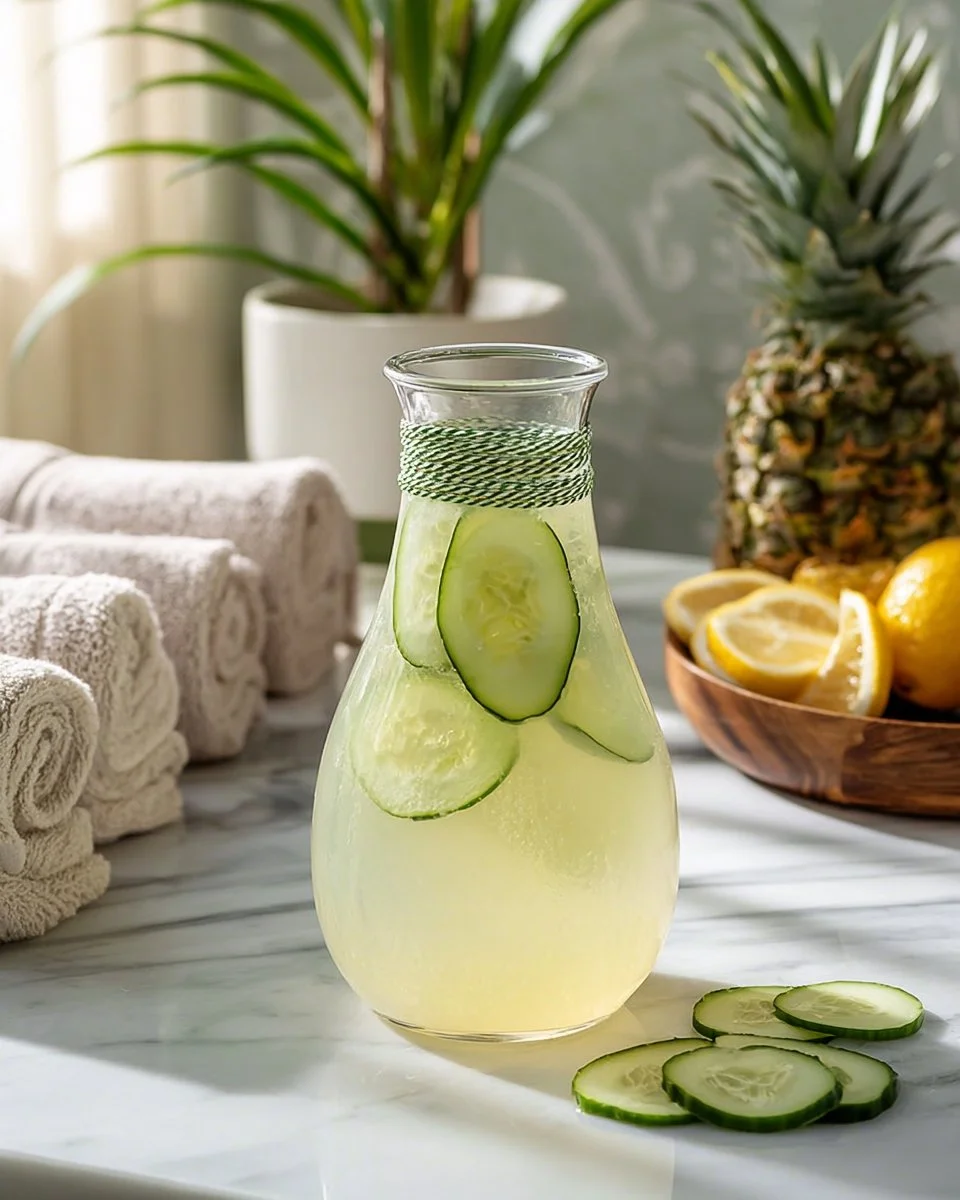 Refreshing pineapple cucumber water in a glass with slices of pineapple and cucumber