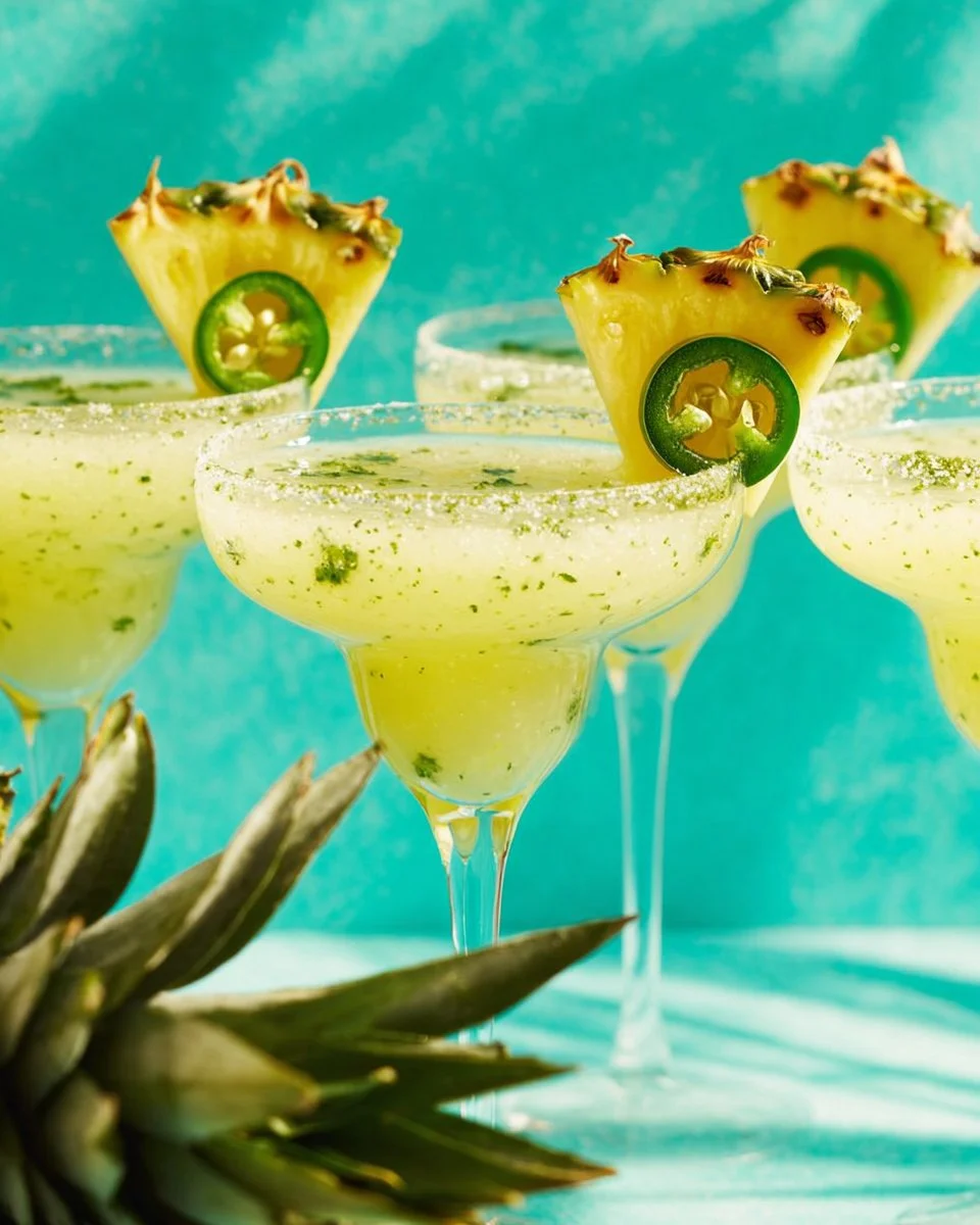 Pineapple Jalapeno Mint Mocktail garnished with mint leaves and jalapeno slices