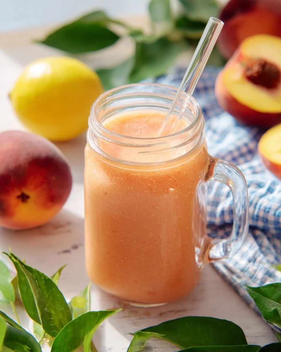 Glass of refreshing Pineapple Peach Lemonade garnished with fruit slices