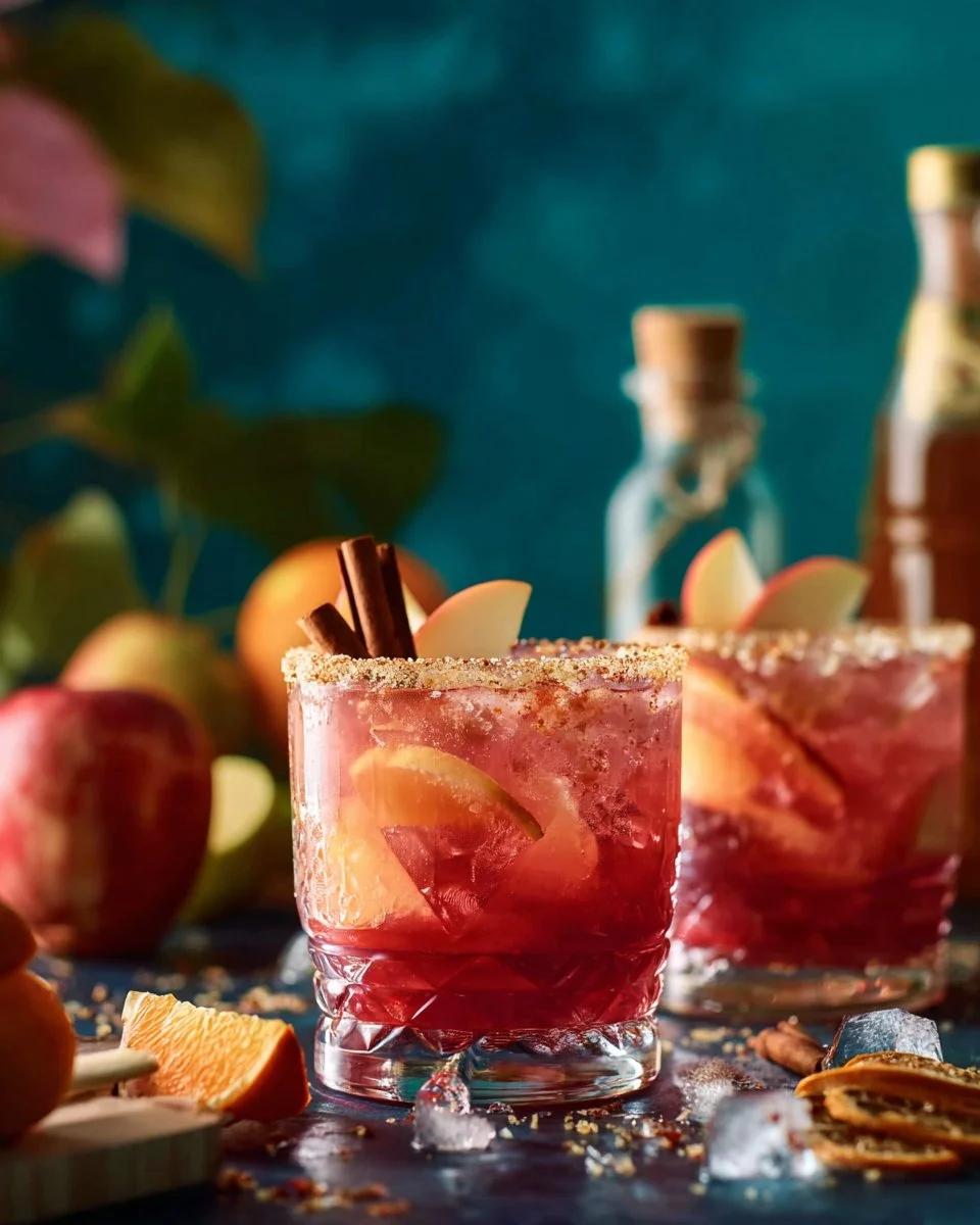 Glass of red apple cider sangria garnished with fruit slices