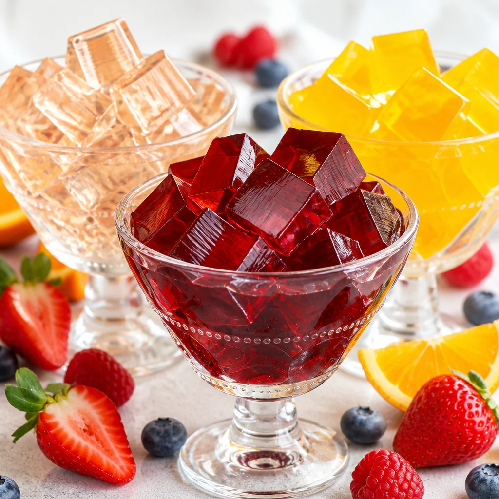Colorful healthy homemade jello made with natural ingredients and fruit juice.