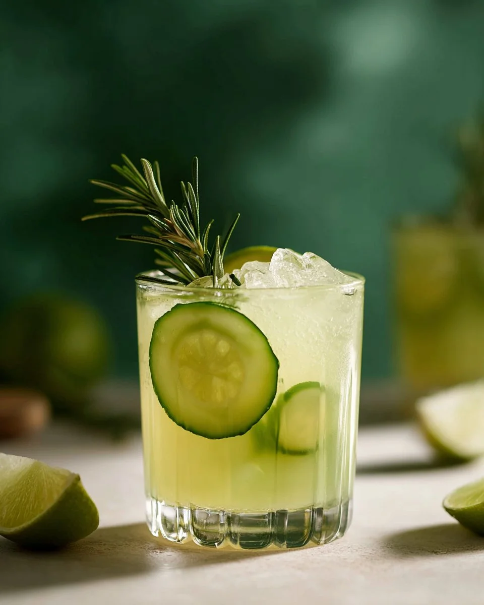 Spicy jalapeno cucumber mocktail garnished with fresh herbs and lime