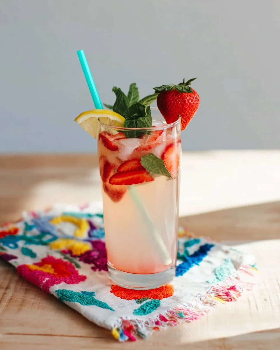A refreshing glass of Strawberry Basil Lemonade cocktail with fresh strawberries and basil.