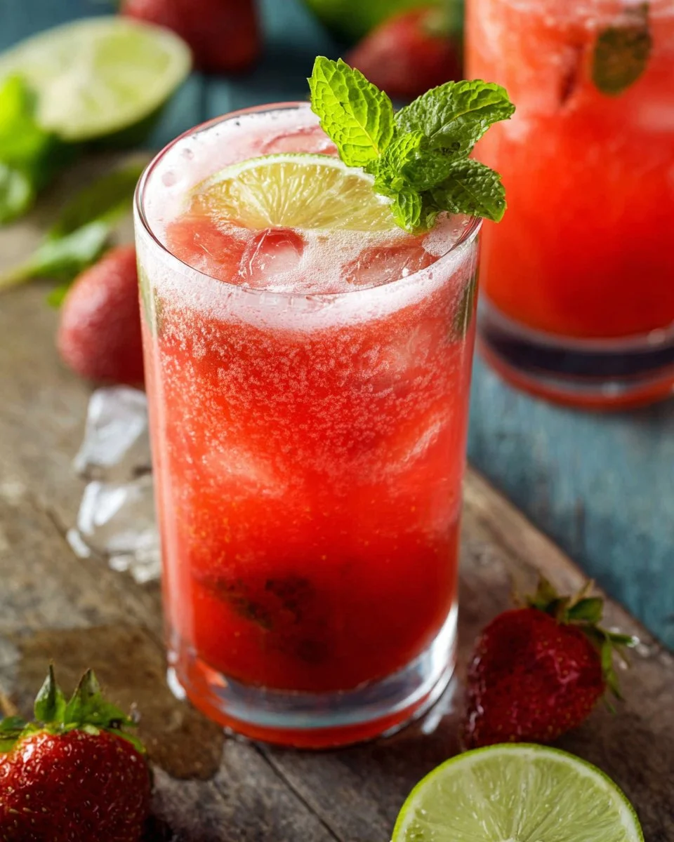 Refreshing strawberry water in a clear glass with fresh strawberries around