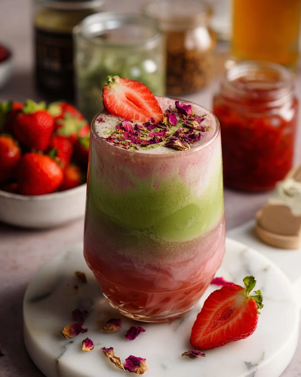 Strawberry rose iced matcha latte in a glass, colorful and refreshing drink.