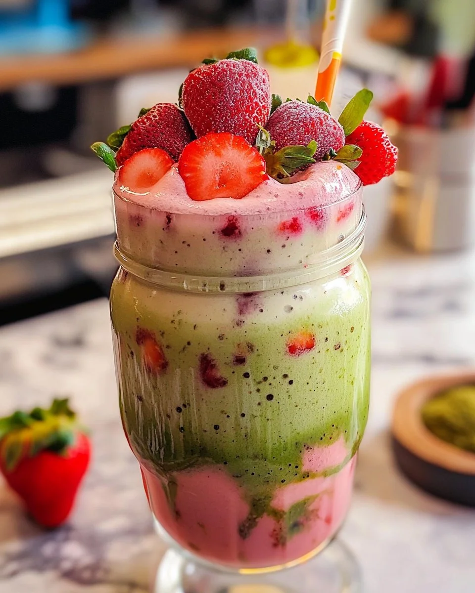 Strawberry Rose Iced Matcha Latte - Colorful Superfoodie