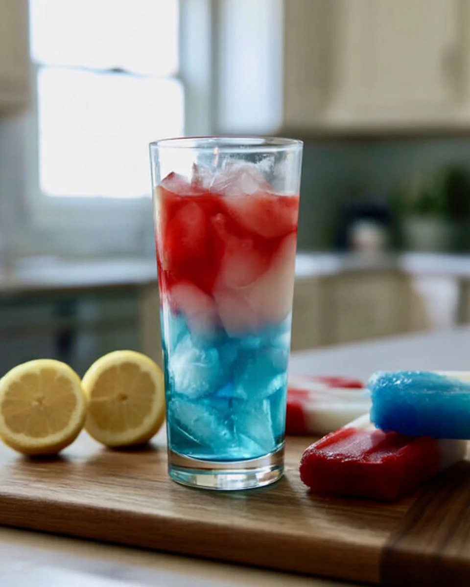Colorful Bomb Pop Cocktail served in a festive glass with garnishes