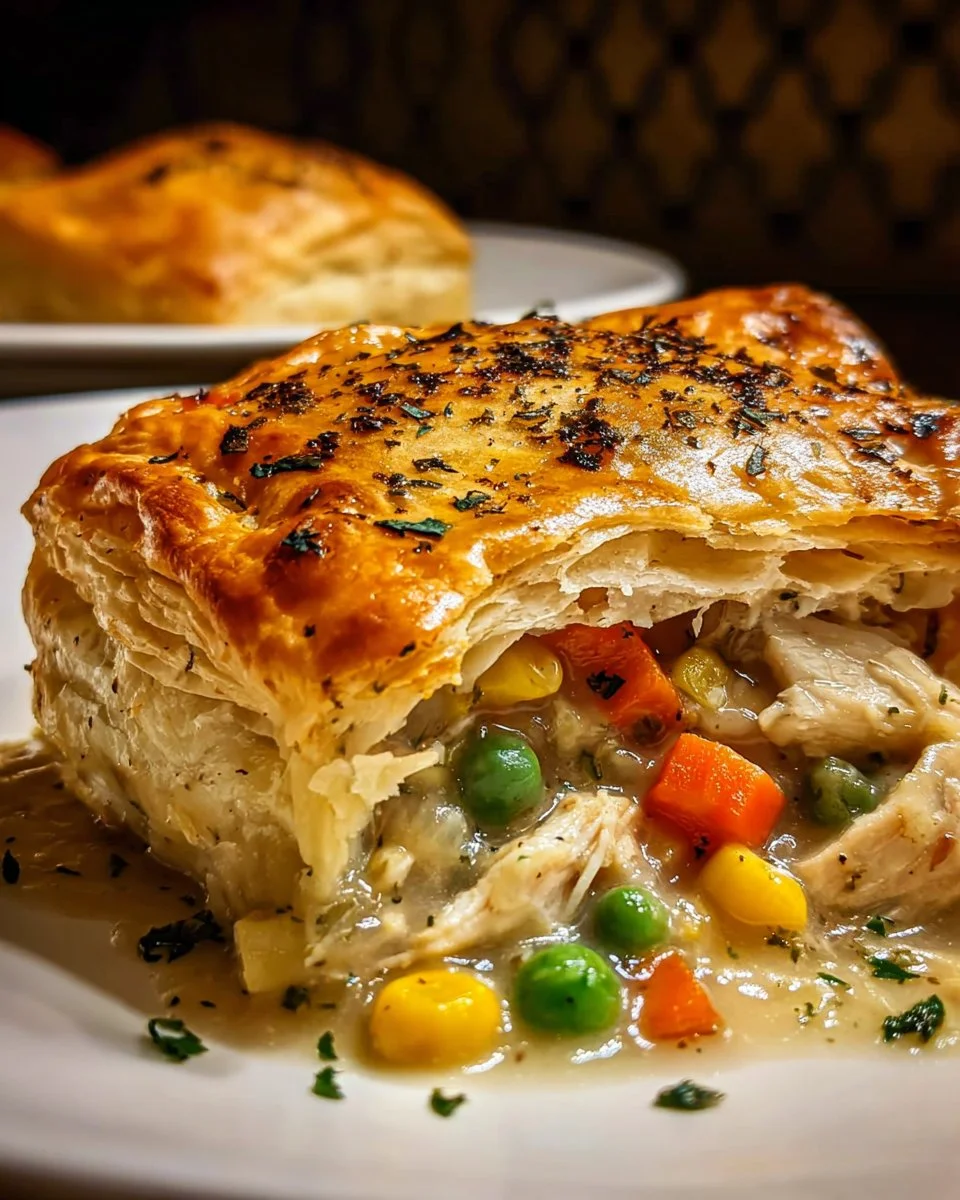 Delicious Chicken Pot Pie Casserole served in a dish, garnished and ready to eat.