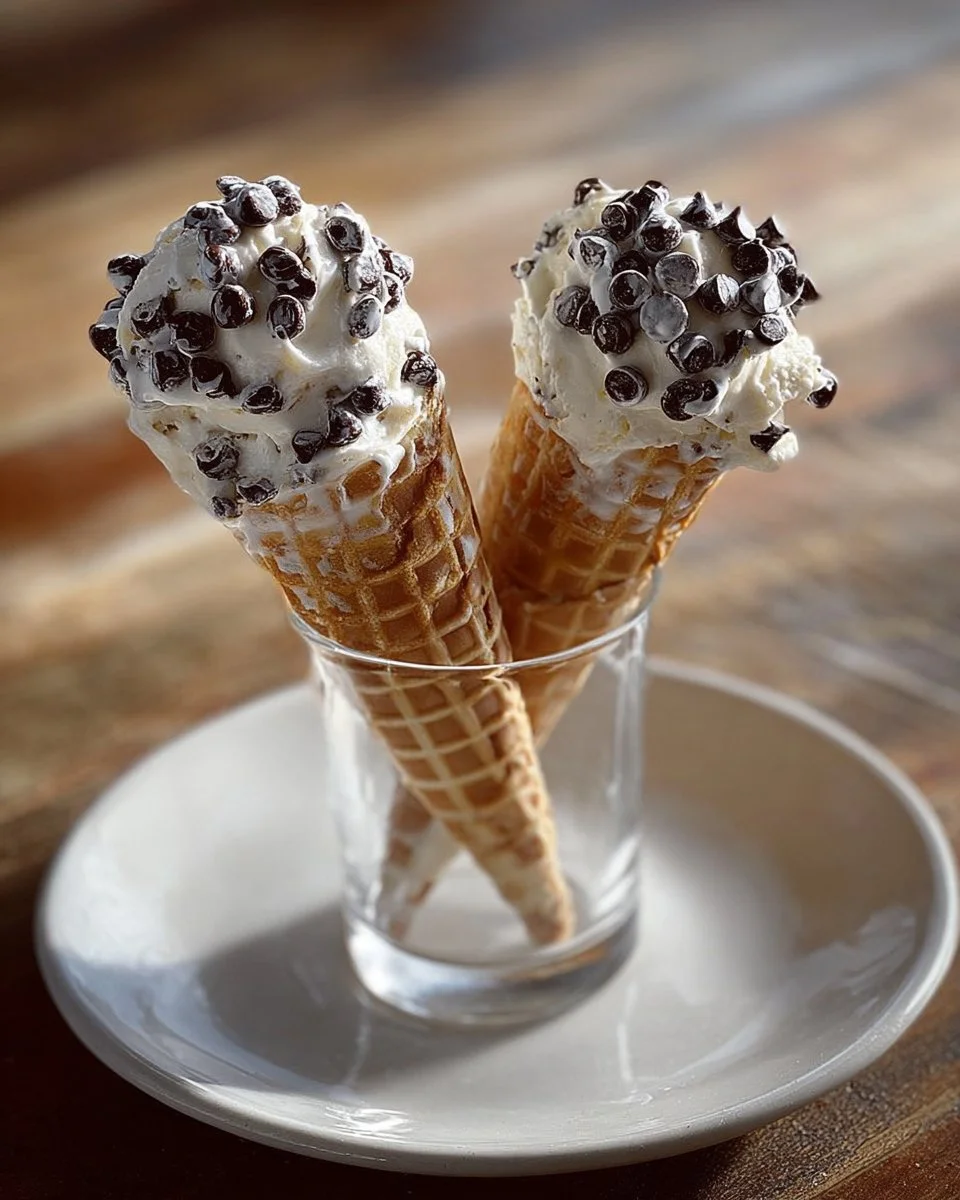 Chocolate chip cannoli cones filled with creamy ricotta and chocolate chips.