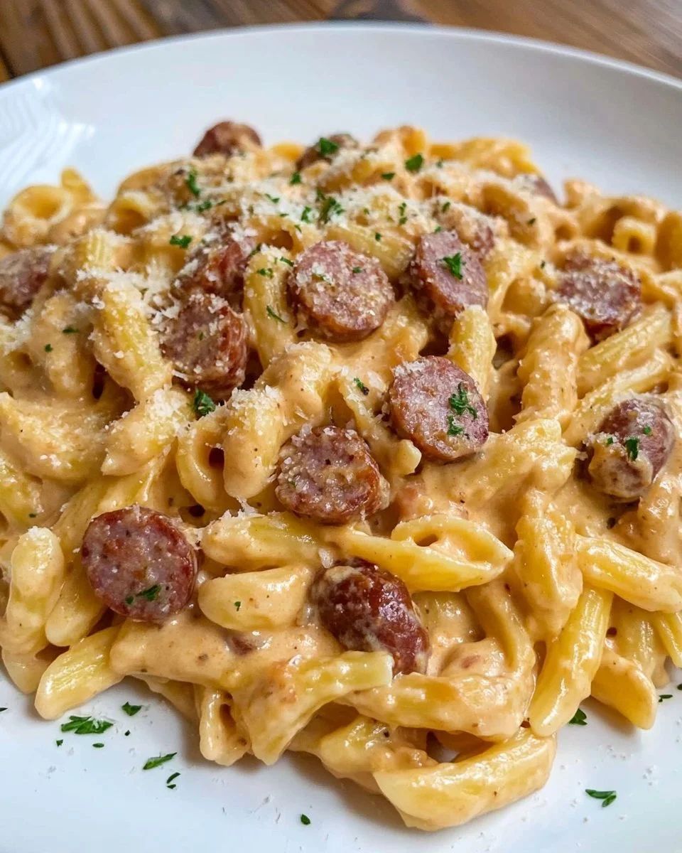 Delicious creamy smoked sausage pasta served in a bowl with herbs