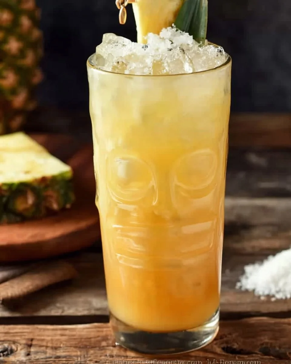 Refreshing Painkiller cocktail with pineapple, orange, coconut, and rum