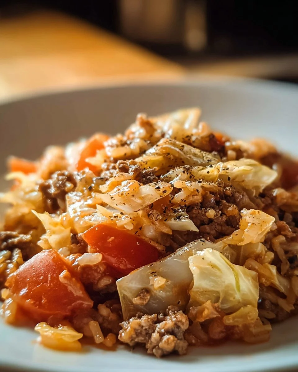 Delicious crockpot cabbage roll casserole topped with herbs and cheese