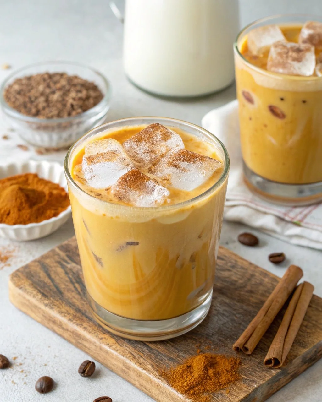 Golden Milk Iced Latte served in a glass with a sprinkle of turmeric
