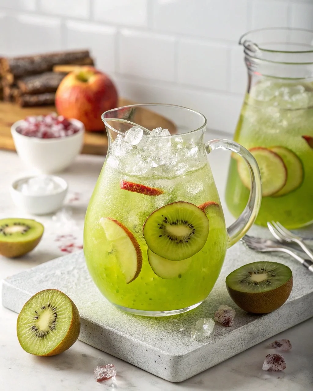 Green Apple-Kiwi Spark Sangria in a glass with fresh fruits