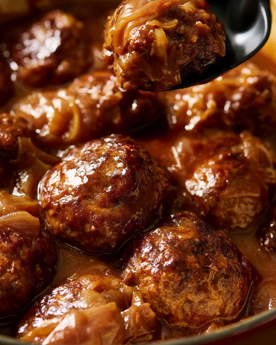 Juicy hamburger steak with onion gravy on a plate garnished with parsley