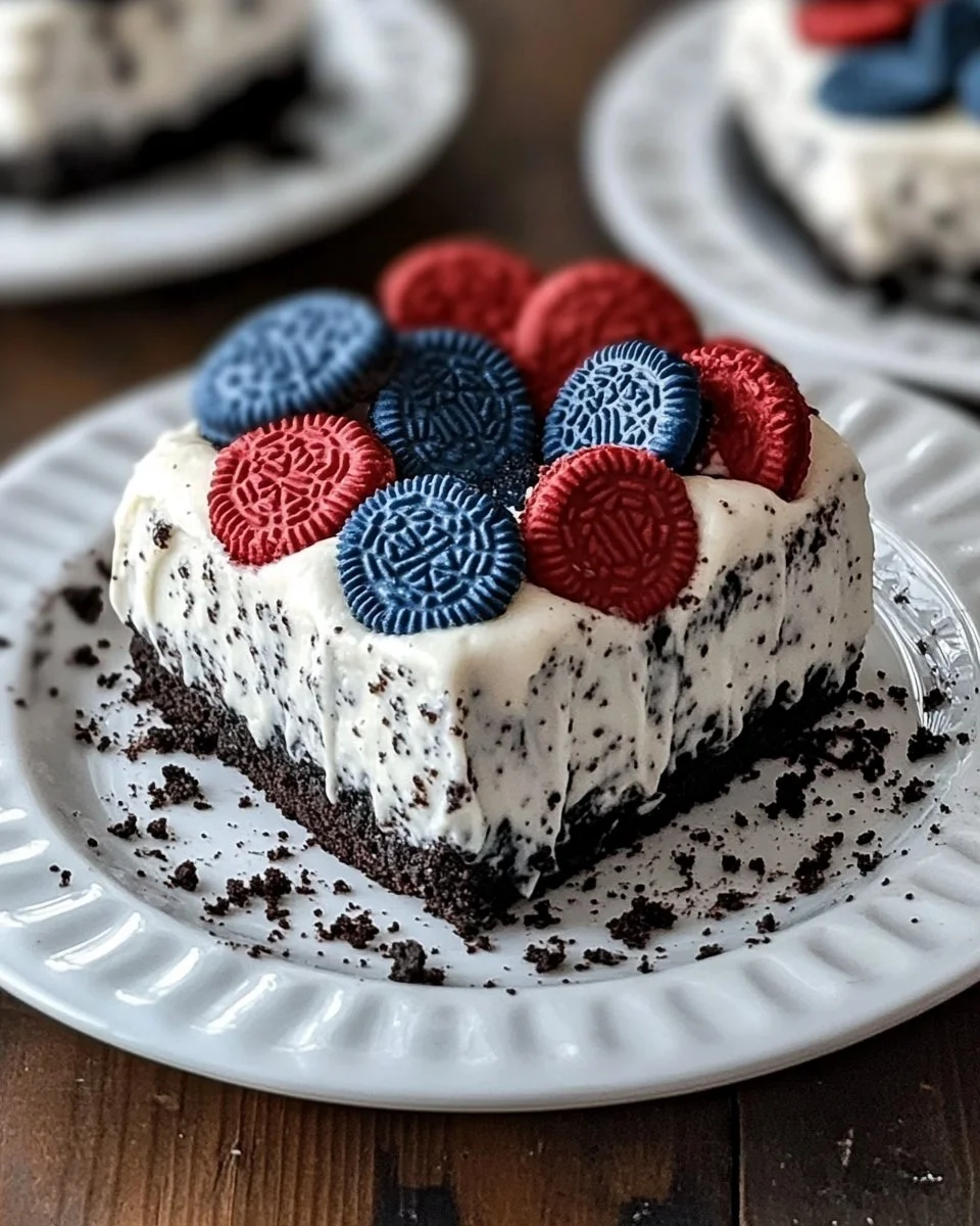 Patriotic No-Bake Oreo Pudding Dessert with red, white, and blue layers