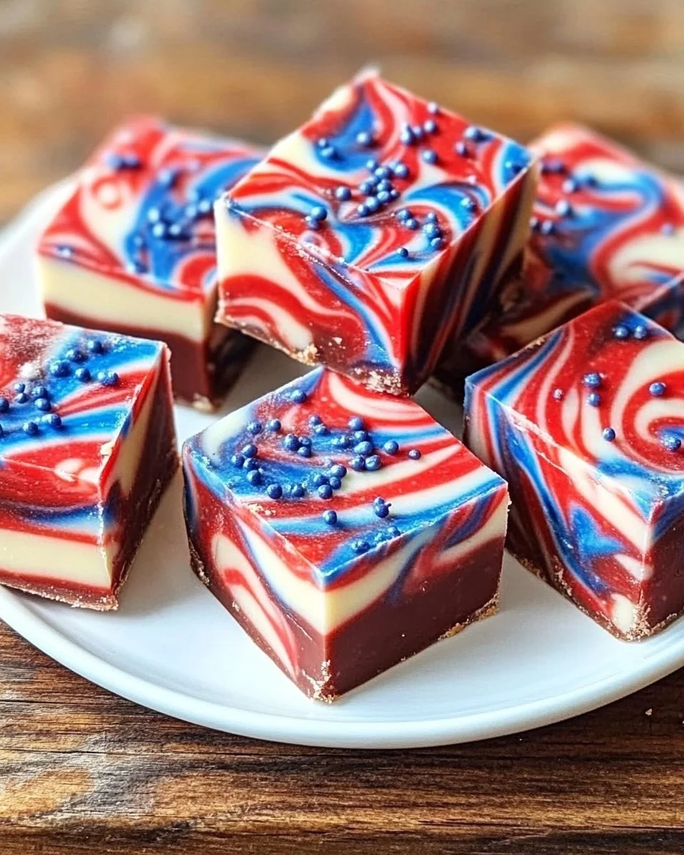 Patriotic swirl fudge with red, white, and blue colors for celebrations
