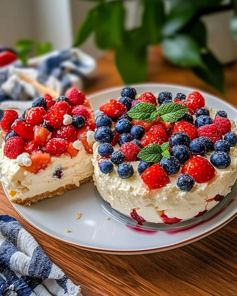 Red White and Blue Cheesecake Salad featuring fresh berries and creamy cheesecake dressing