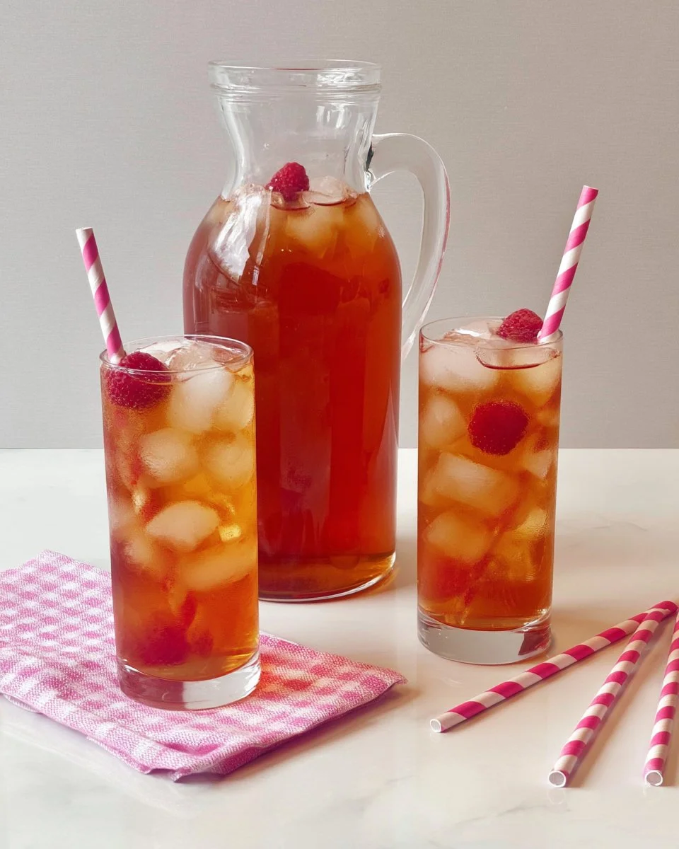 Glass of Southern Honey Raspberry Ice Tea with fresh raspberries and honey