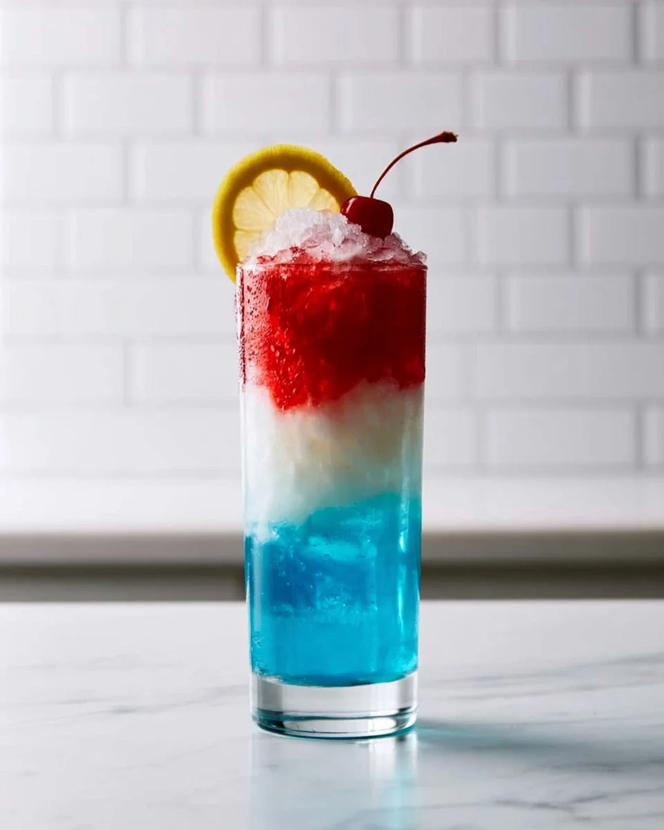 Star-Spangled Slushie Cocktail in a festive glass with red, white, and blue colors