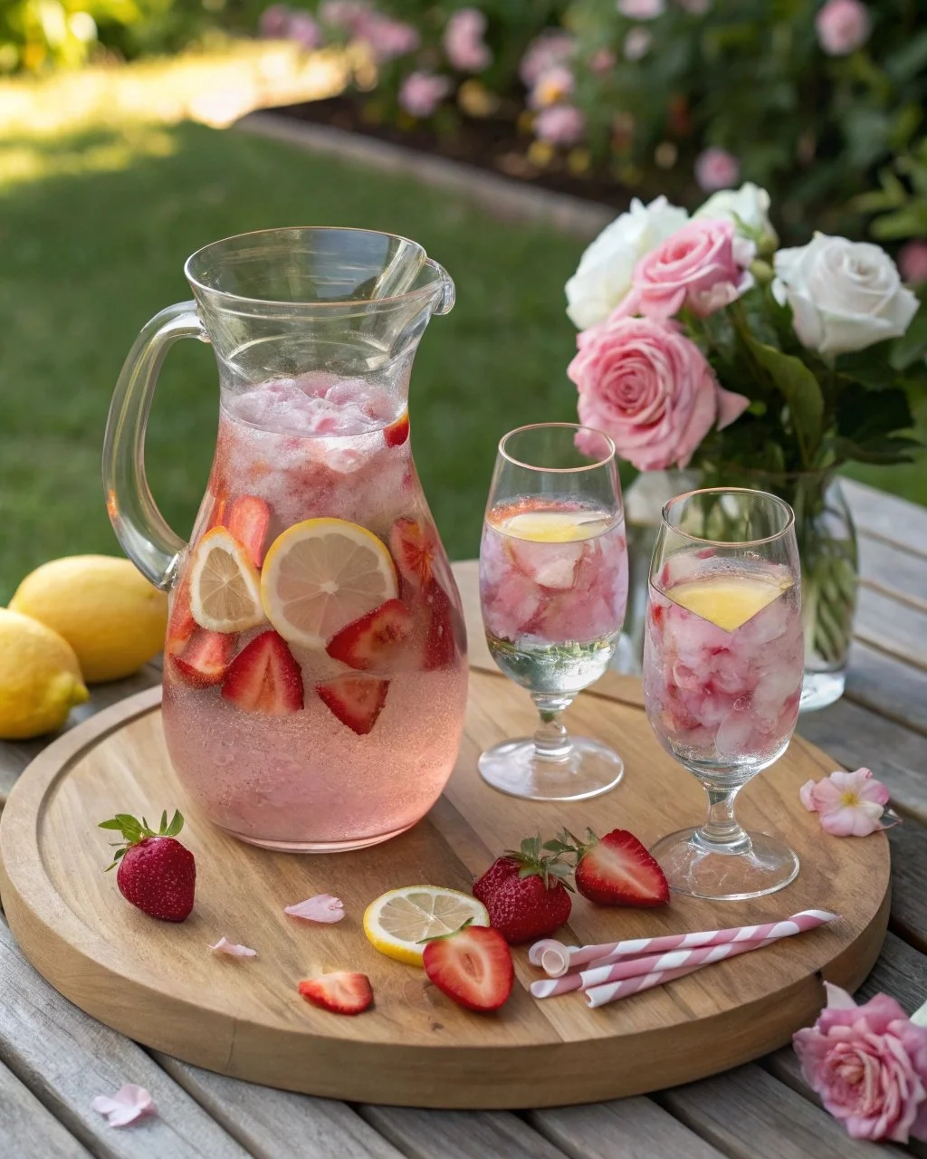 A refreshing glass of strawberry rose lemonade garnished with fresh strawberries and mint.