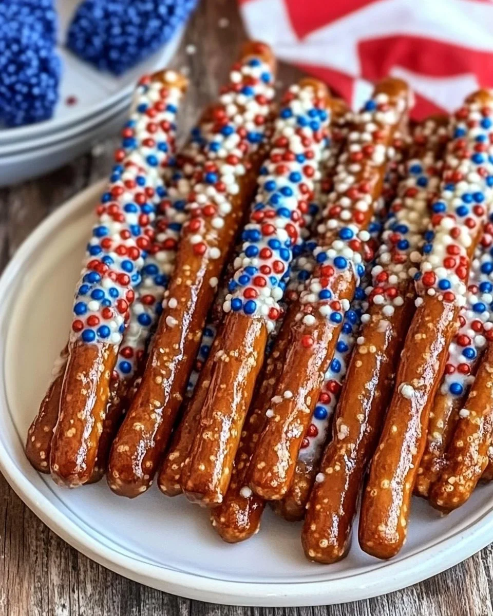 Sweet and salty no-bake 4th of July pretzel rod sparklers decorated with red, white, and blue sprinkles.