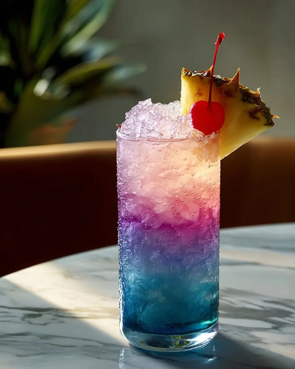 Refreshing Paradise Punch drink in a tropical setting, featuring fruits and vibrant colors.