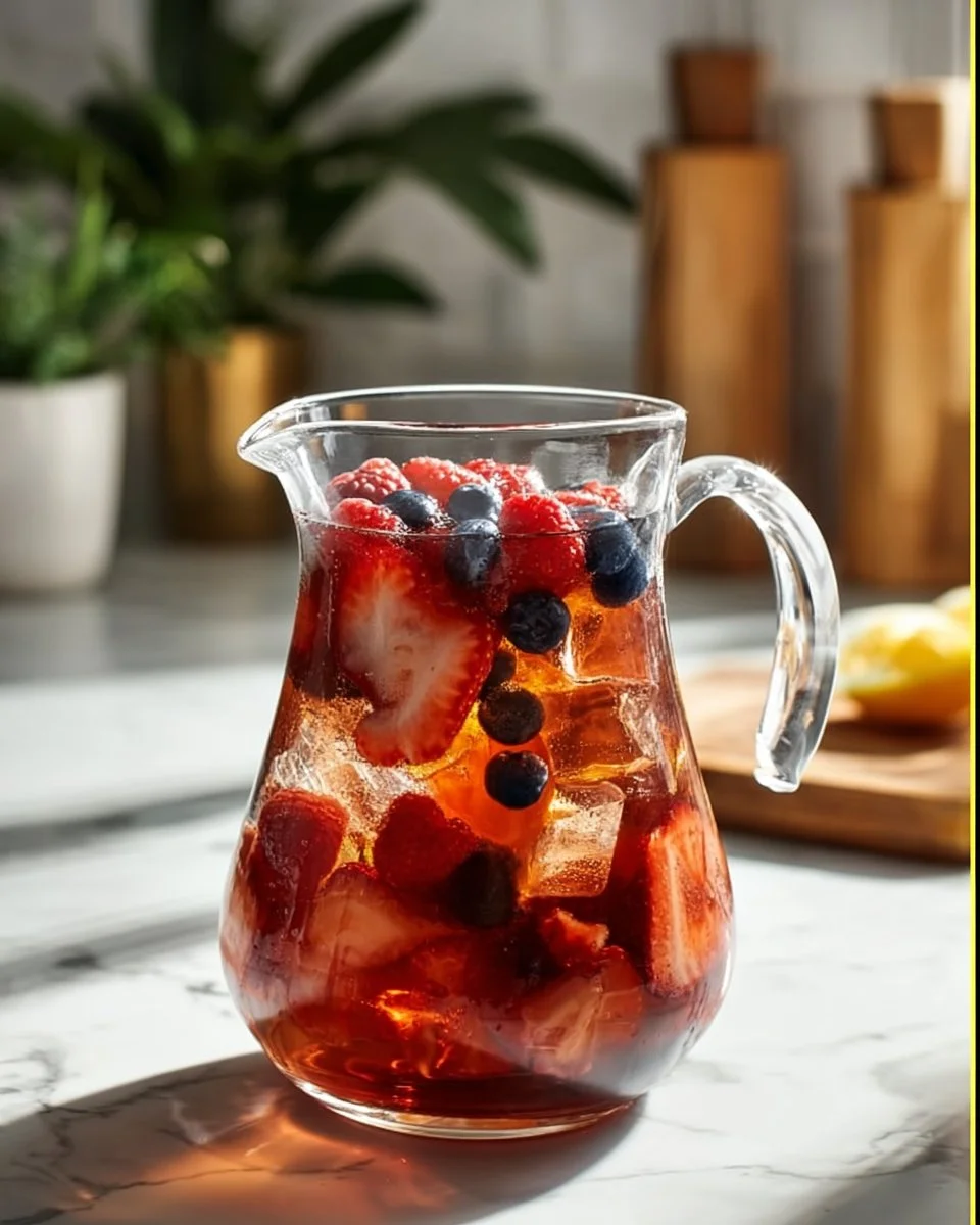 Refreshing summer sangria with strawberries and blueberries in a glass.