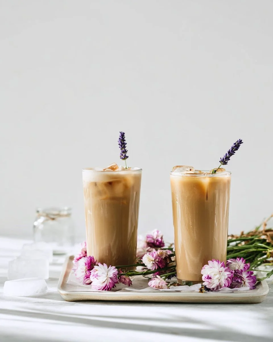 Iced Lavender Dirty Chai Latte topped with frothy milk and lavender sprigs