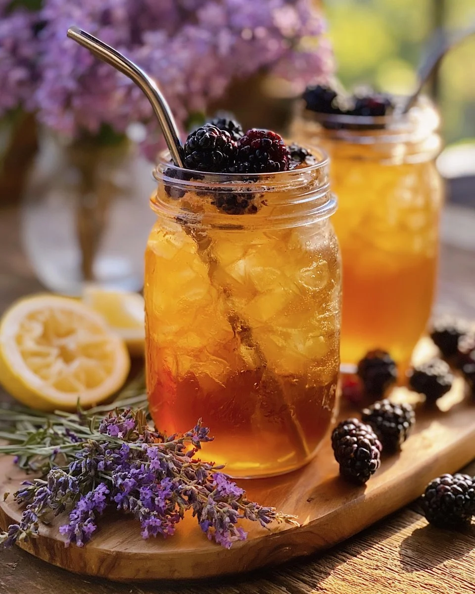 A glass of Blackberry Lavender Iced Sun Tea served on a sunny day.