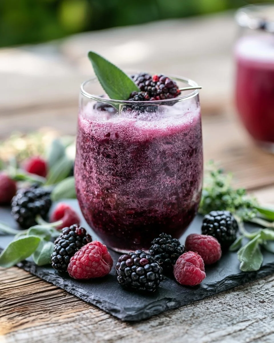 A refreshing Blackberry Sage Fizz cocktail garnished with fresh blackberries and sage.