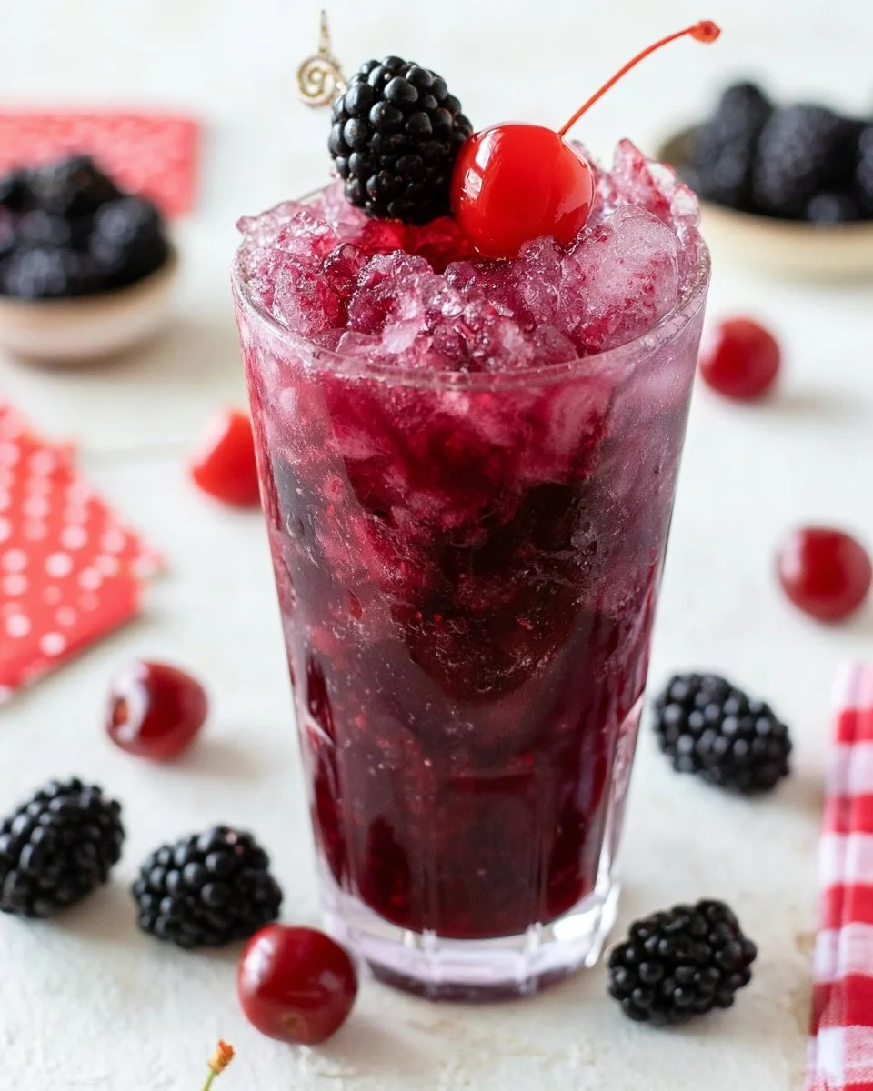 Picture of a Blackberry Shirley Temple cocktail garnished with blackberries and cherries