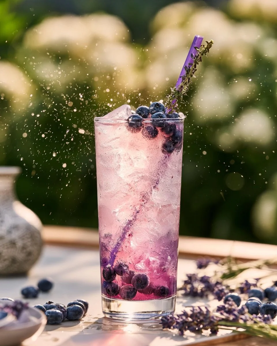 Blueberry Lavender Mocktail in a glass with fresh blueberries and lavender garnish.
