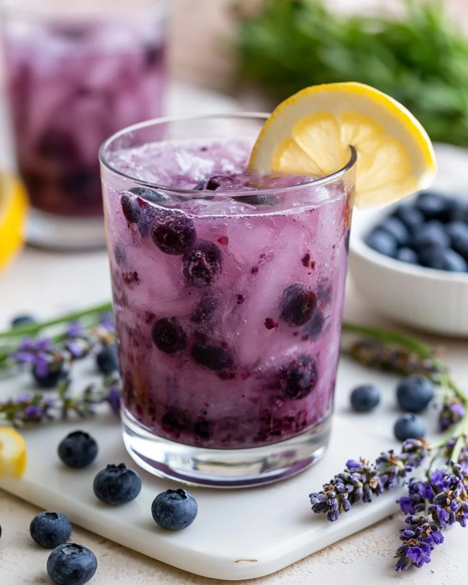 Blueberry Lavender Mocktail in a glass with fresh blueberries and lavender sprigs