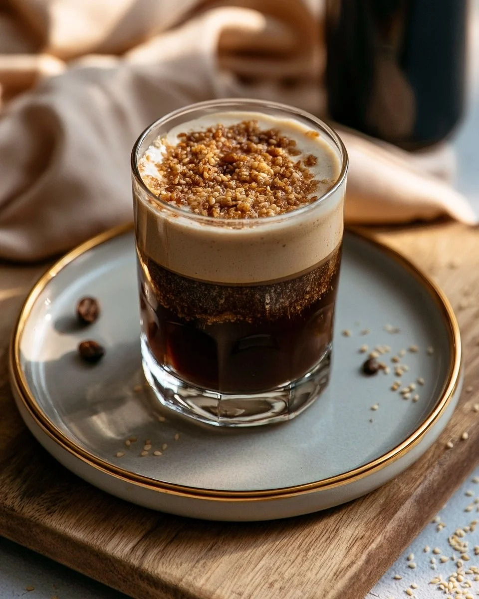 A refreshing Brown Sugar Sesame Cold Brew served in a glass with ice.