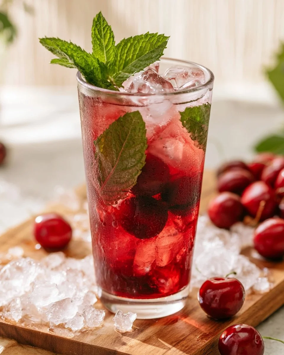 Delicious Cherry Hibiscus Refresher drink garnished with fresh cherries and hibiscus petals.