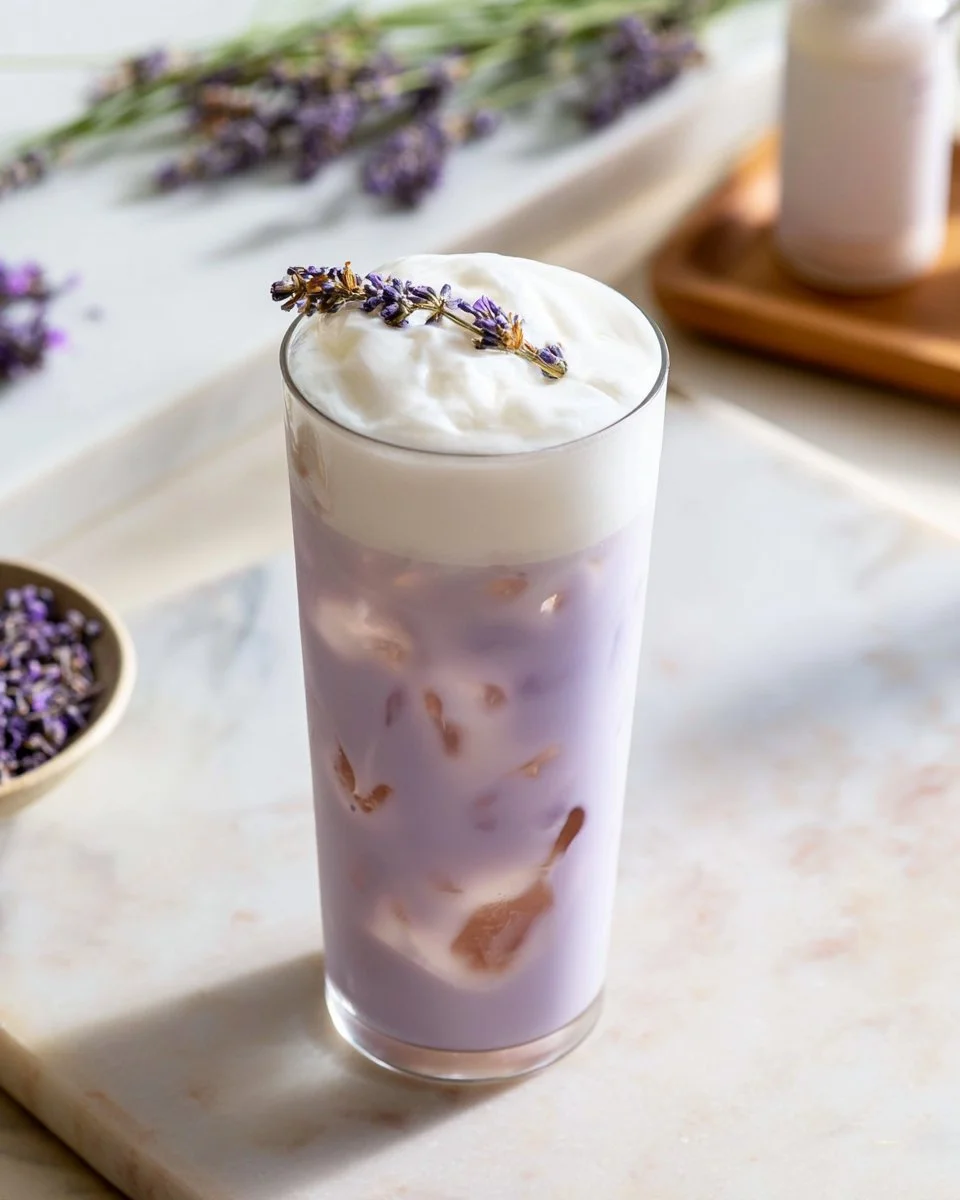 Coconut Cloud Lavender Latte with coconut milk and lavender garnishes