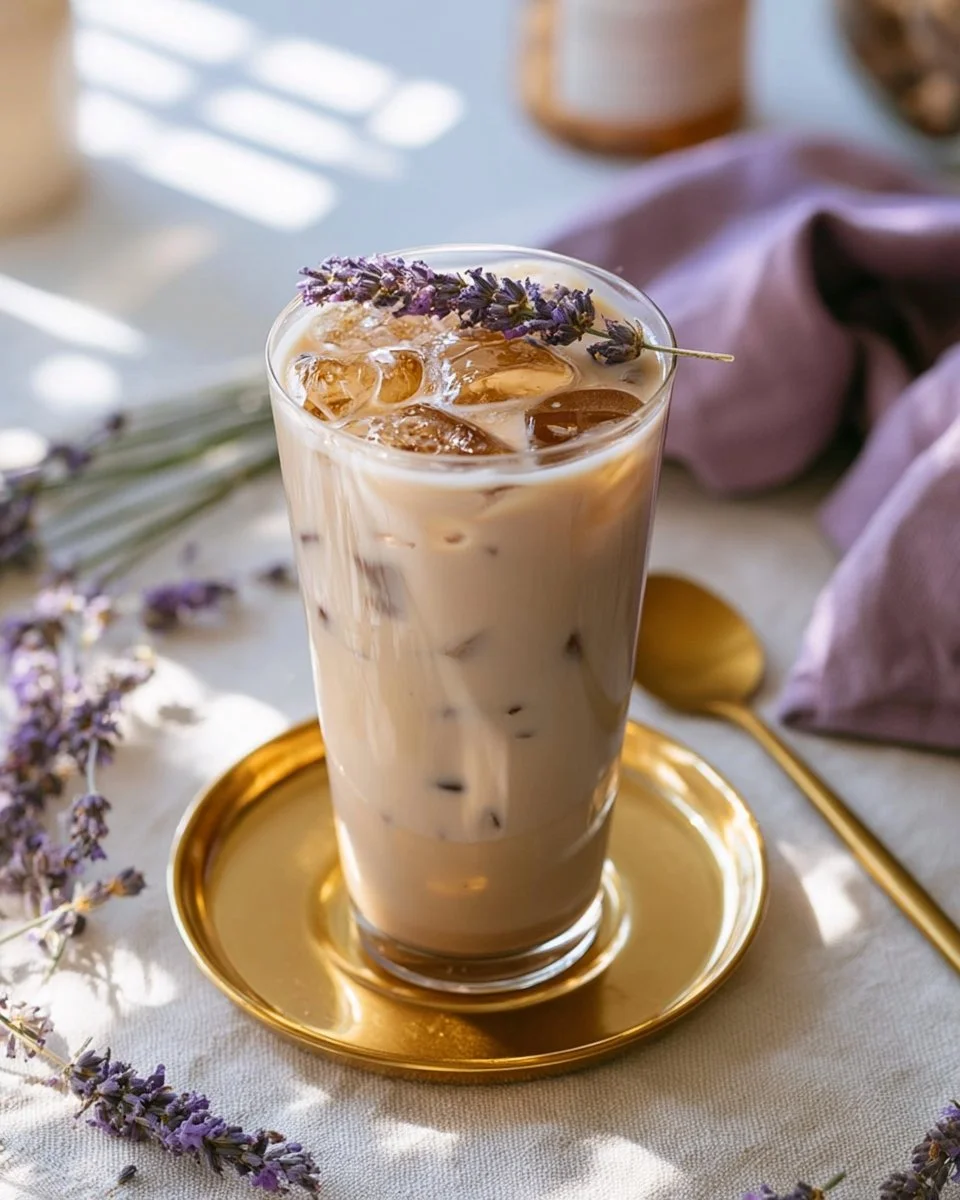 Earl Grey Lavender Milk Tea served in a delicate cup with lavender sprigs.