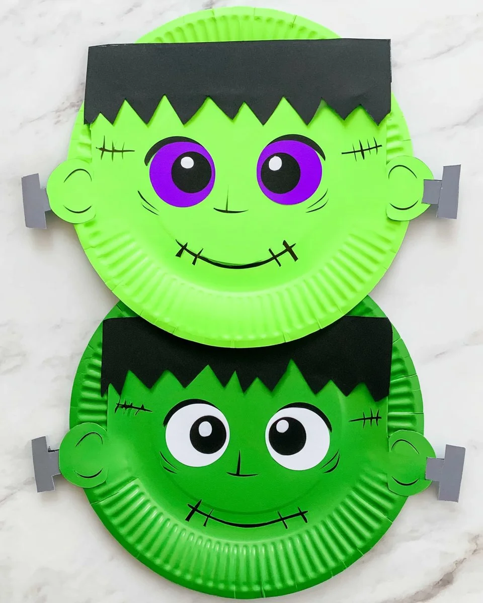 Frankenstein paper plate craft with a free template for kids.