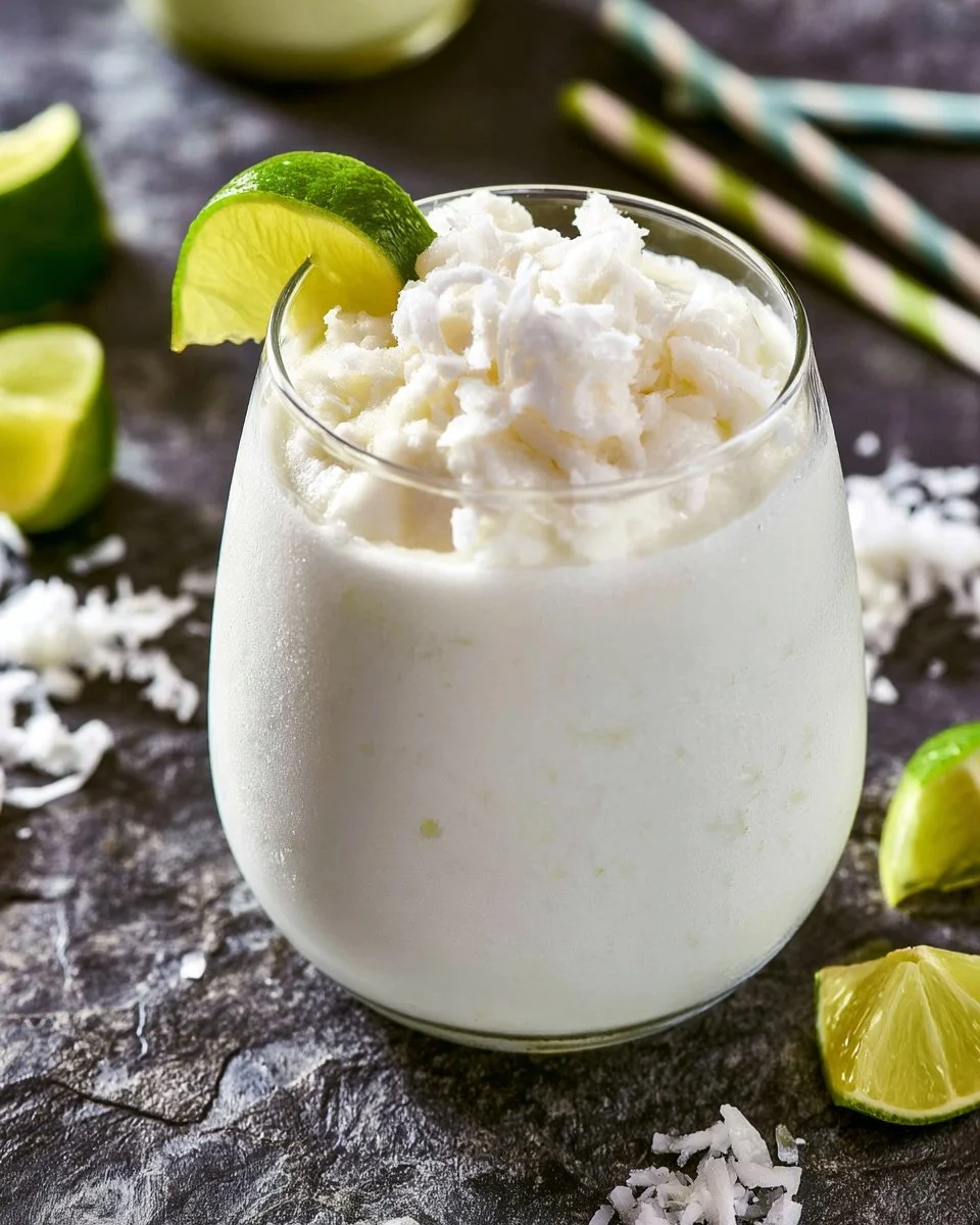 Delicious Frozen Coconut Limeade Coolers in a glass with lime slices