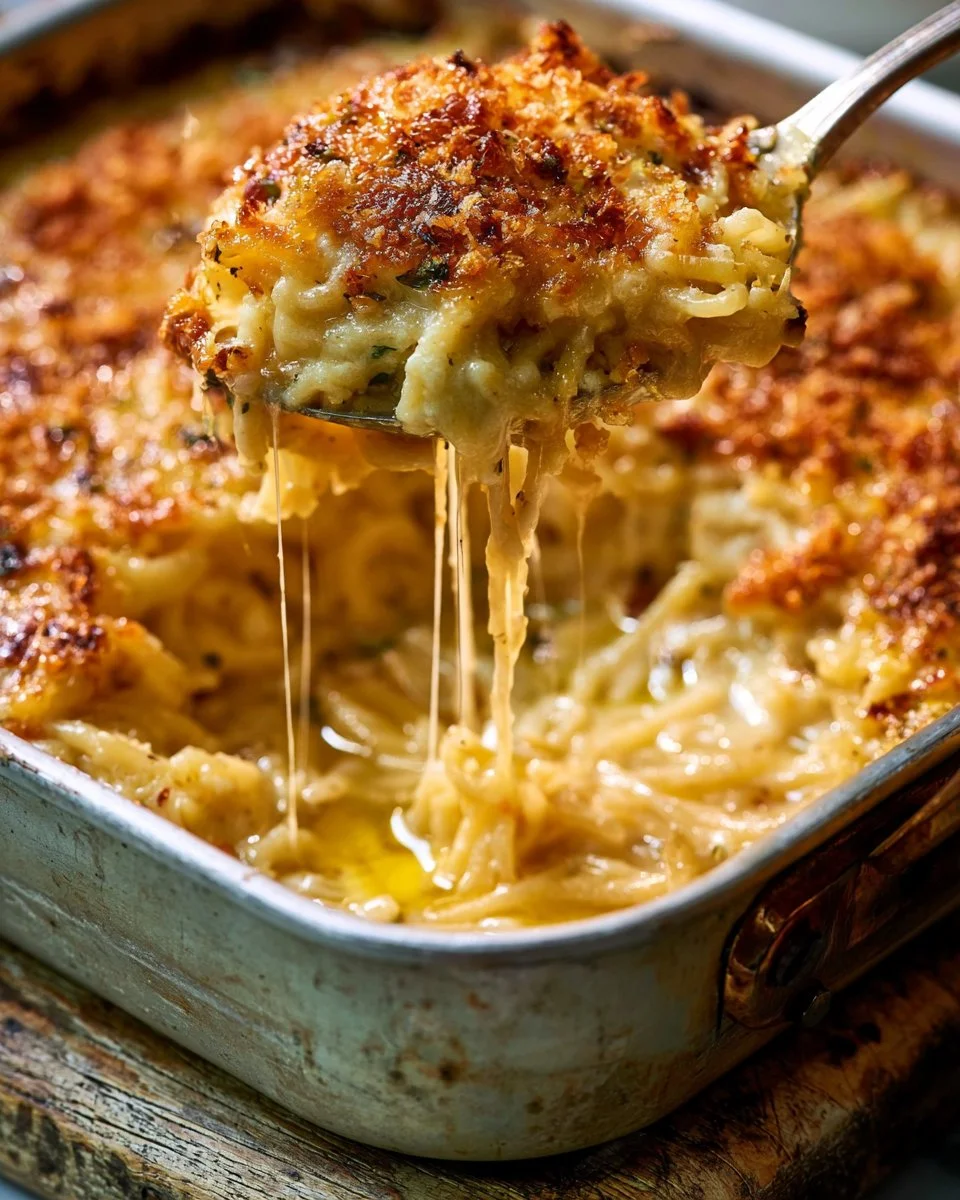 Delicious garlic pasta bake topped with cheesy goodness and herbs