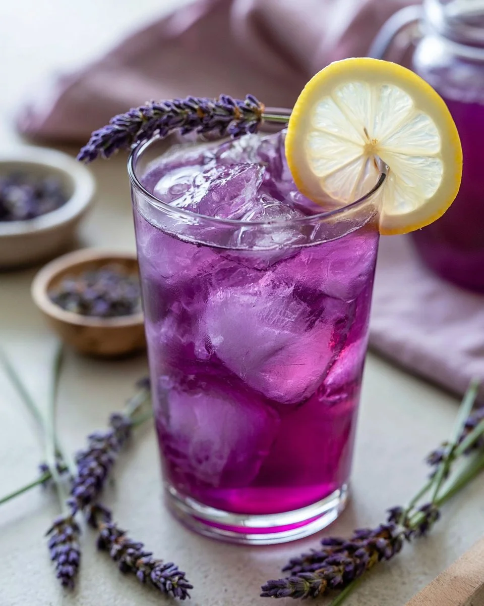 A refreshing glass of grape lavender lemonade with lavender sprigs and grapes.