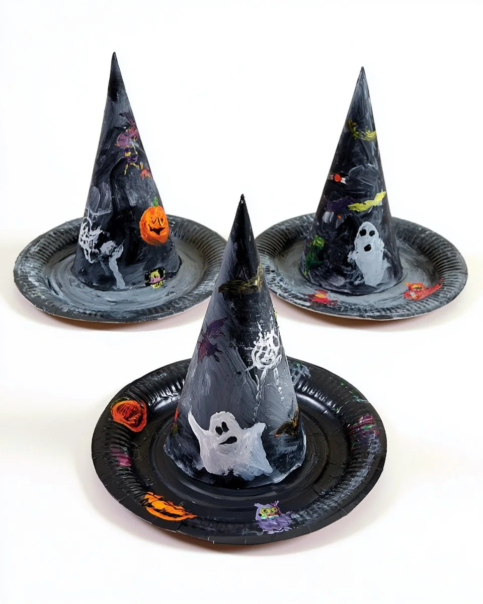 DIY paper plate witch hat craft for kids for Halloween decorations.