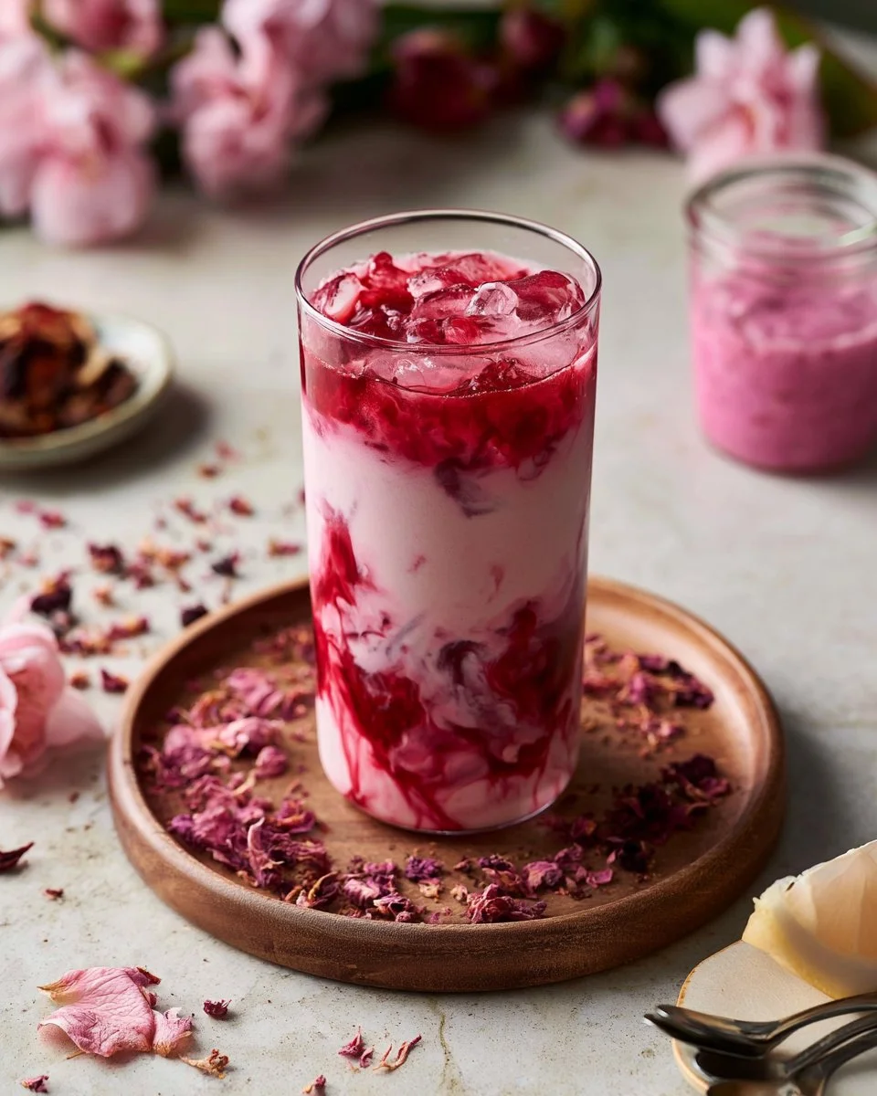 Hibiscus vanilla iced latte in a glass with a straw and colorful garnish.