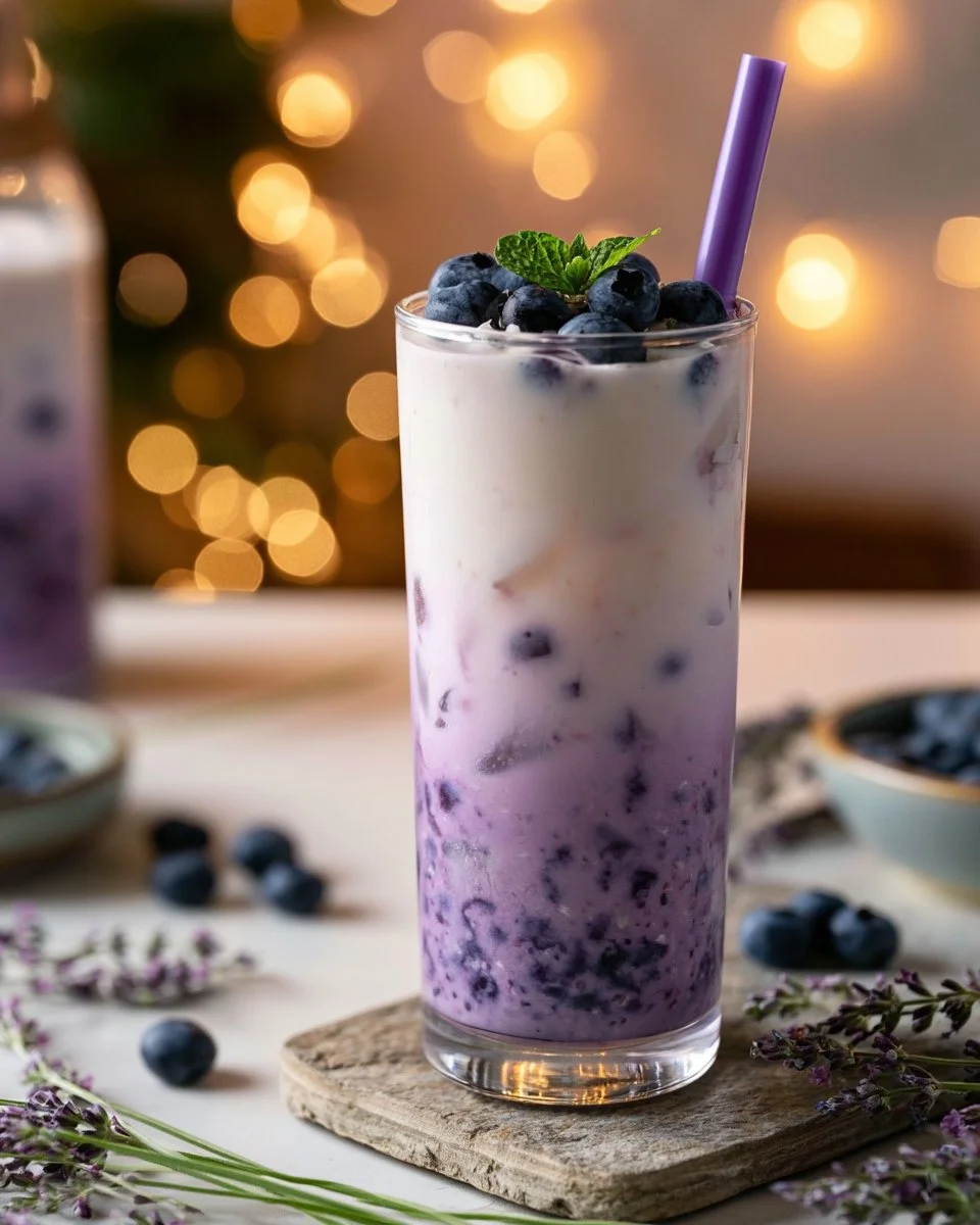 Iced blueberry lavender latte in a clear glass with lavender sprigs