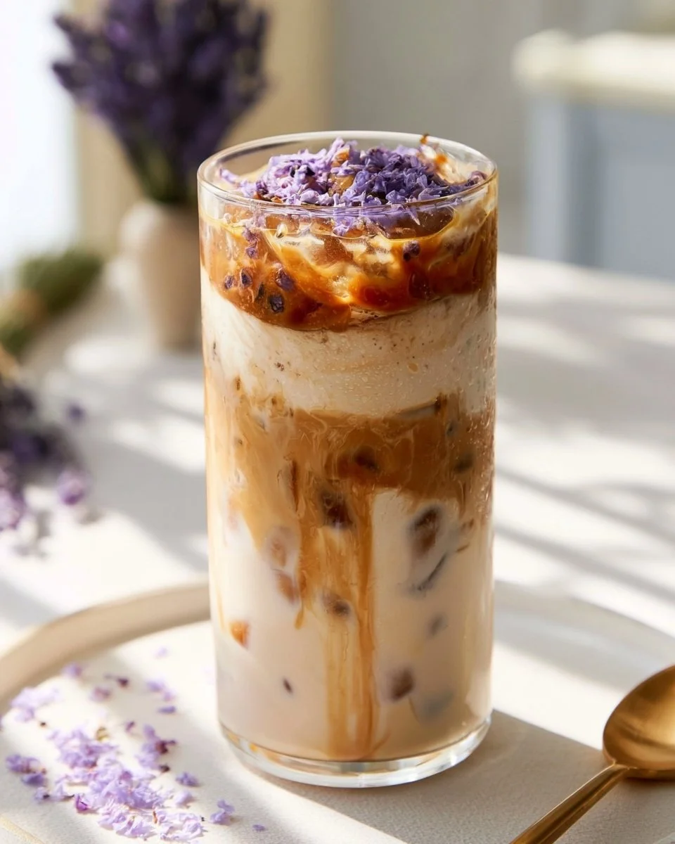 A beautifully crafted iced lavender caramel macchiato with lavender blooms