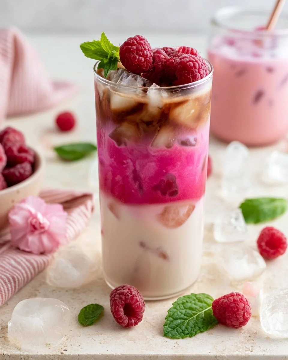 Iced Lavender Raspberry Cream Latte topped with whipped cream and lavender sprigs