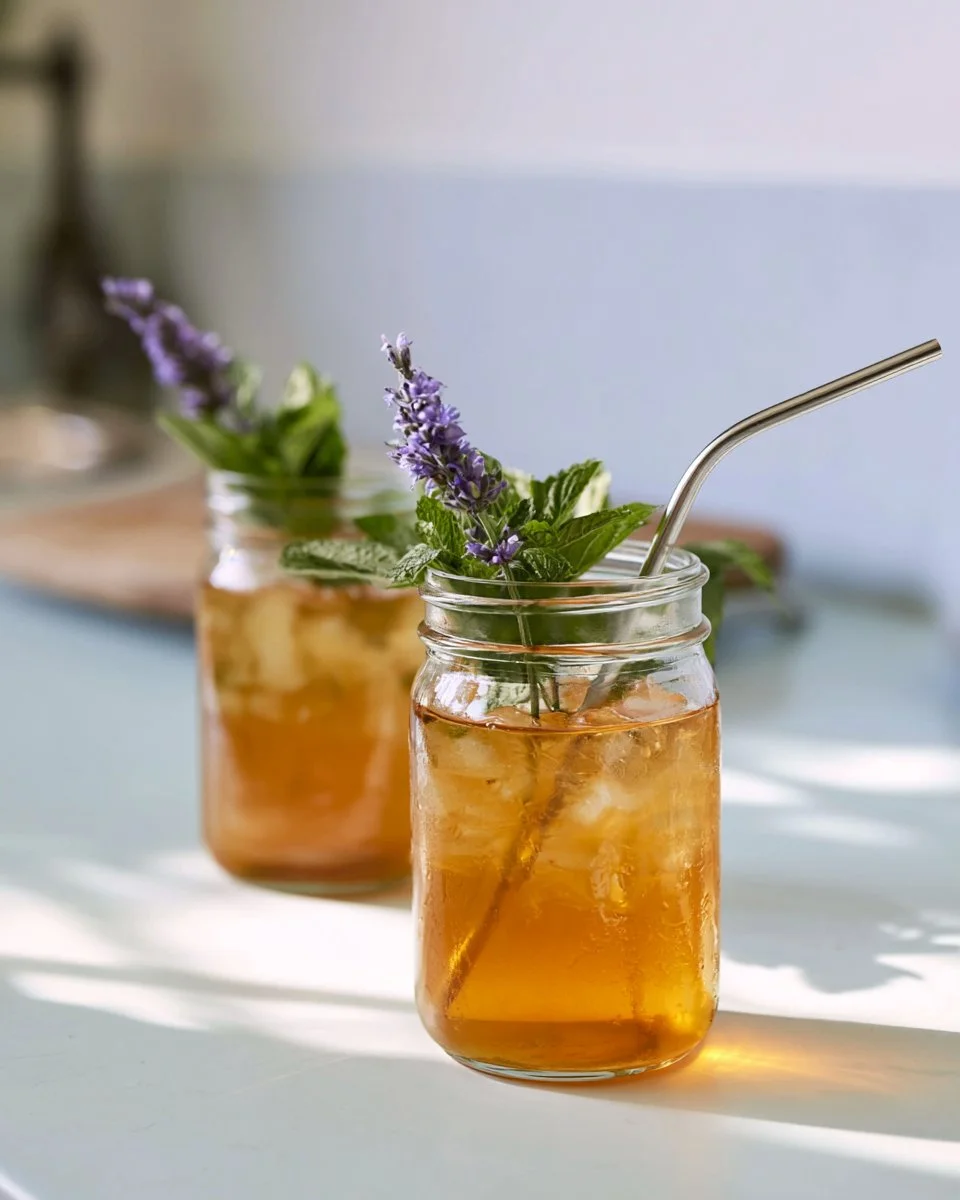 Recipe for iced sun tea with bitters, a refreshing summer drink.